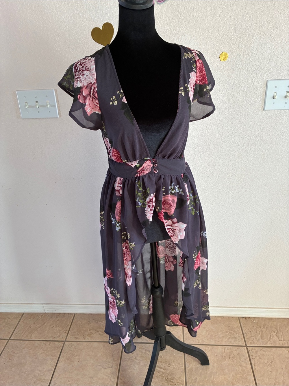 Live 4 Truth Charcoal Floral High-Low V-Neck Dress with Pink Blooms